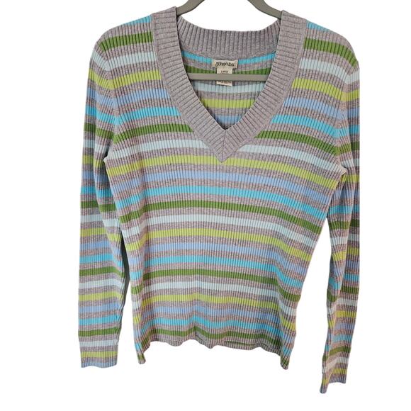 Vintage st johns bay Womens y2k stripe v neck rib knit sweater 261 large - Picture 1 of 6